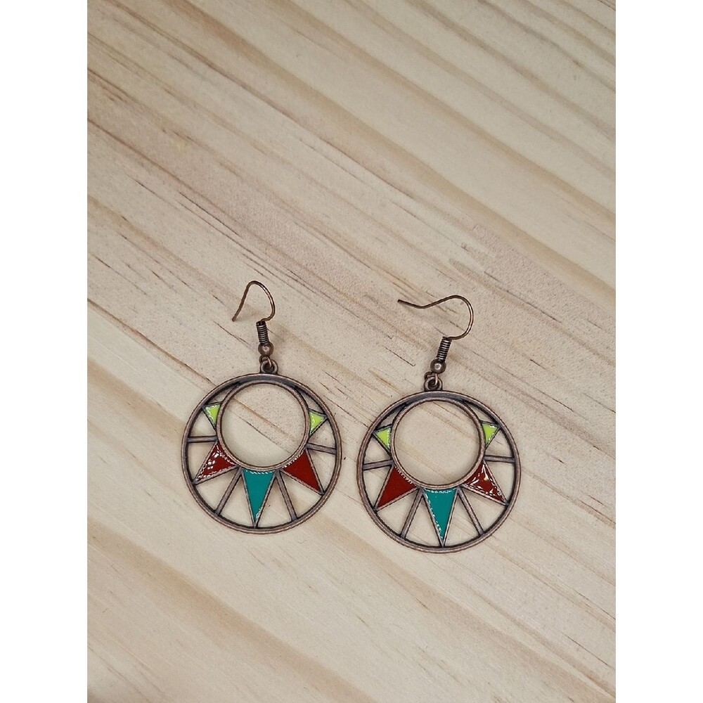 Bohemian Tri-Color Hoop Drop Earrings - Turquoise, Red & Lime